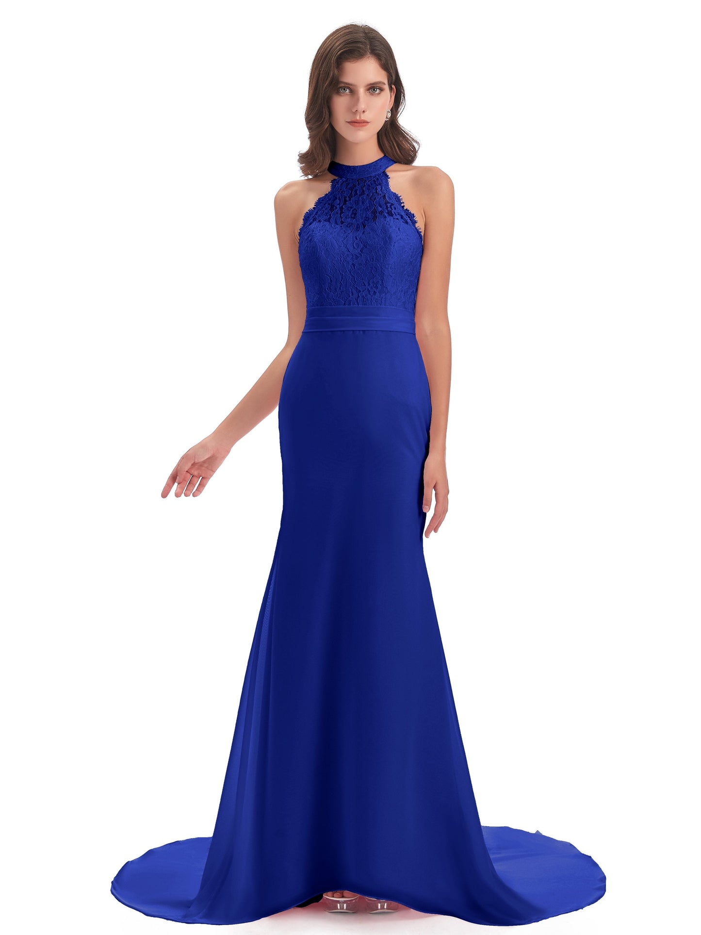 Jenny Court Train Halter Lace Bridesmaid Dresses