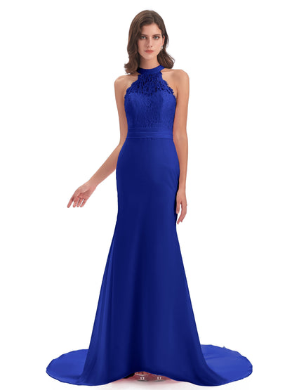 Jenny Court Train Halter Lace Bridesmaid Dresses