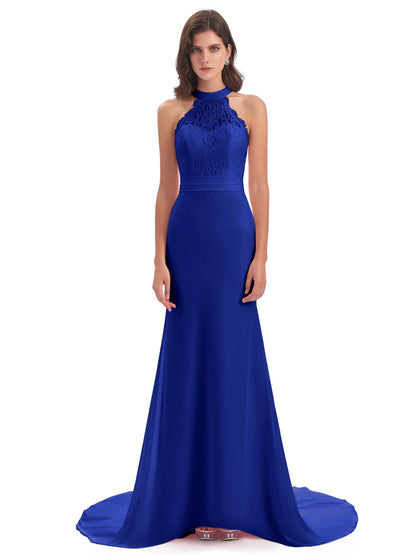Jenny Court Train Halter Lace Bridesmaid Dresses
