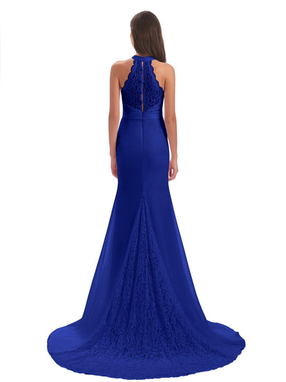 Jenny Court Train Halter Lace Bridesmaid Dresses