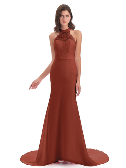 Jenny Court Train Halter Lace Bridesmaid Dresses