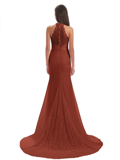 Jenny Court Train Halter Lace Bridesmaid Dresses