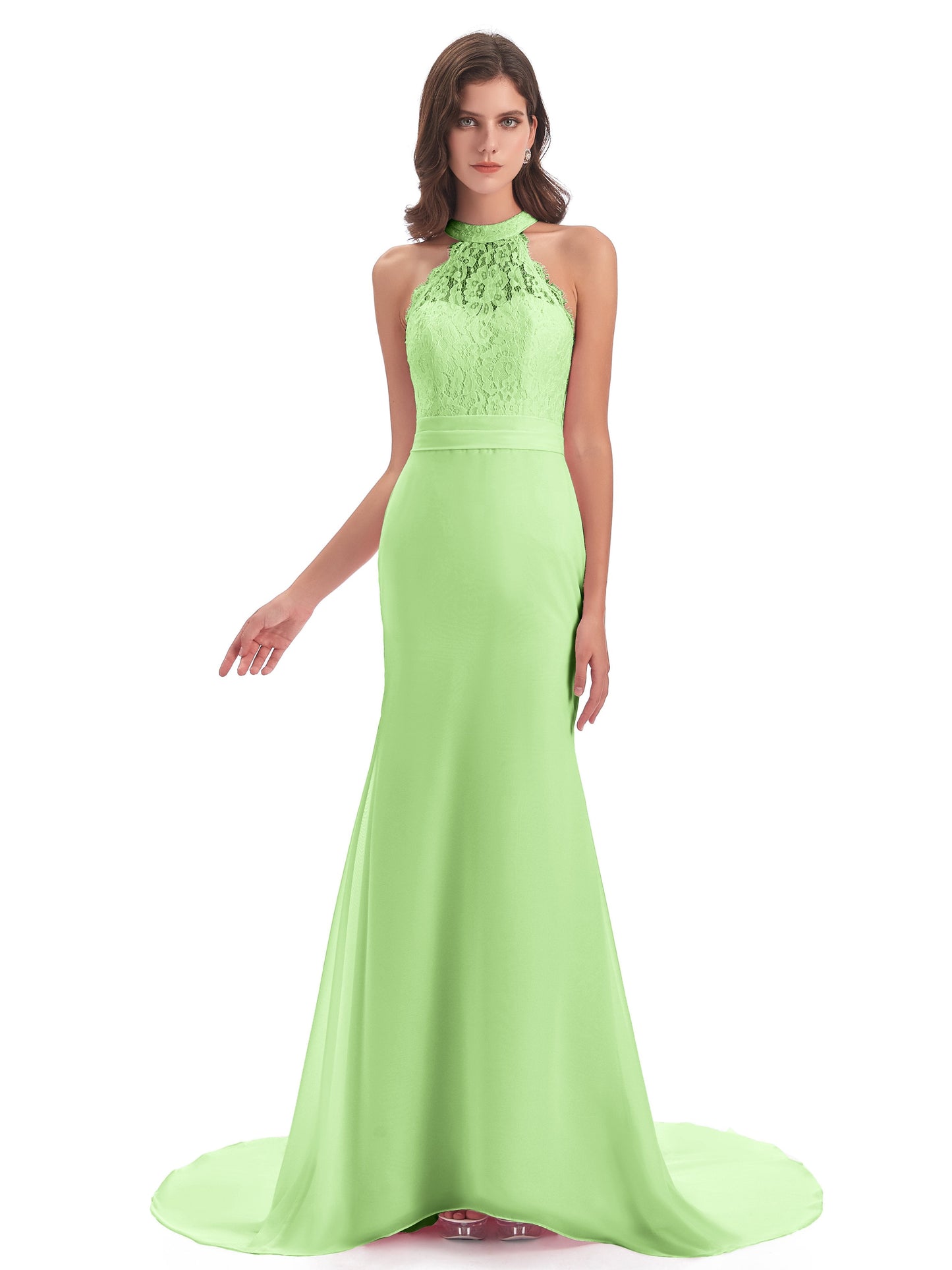Jenny Court Train Halter Lace Bridesmaid Dresses