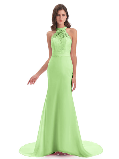 Jenny Court Train Halter Lace Bridesmaid Dresses