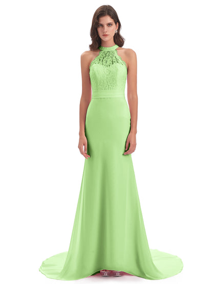 Jenny Court Train Halter Lace Bridesmaid Dresses