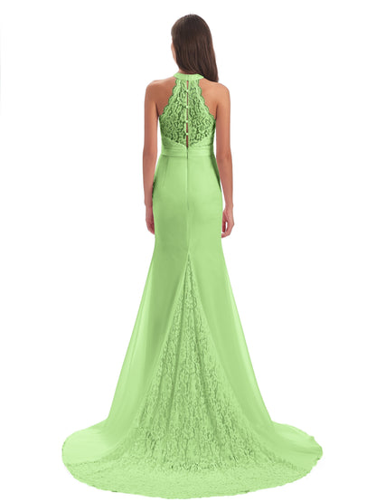 Jenny Court Train Halter Lace Bridesmaid Dresses