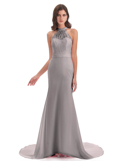 Jenny Court Train Halter Lace Bridesmaid Dresses