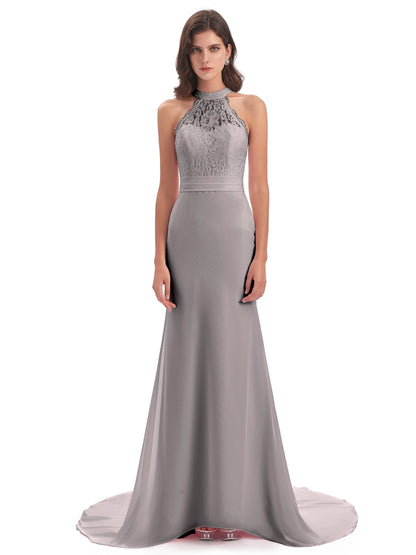 Jenny Court Train Halter Lace Bridesmaid Dresses