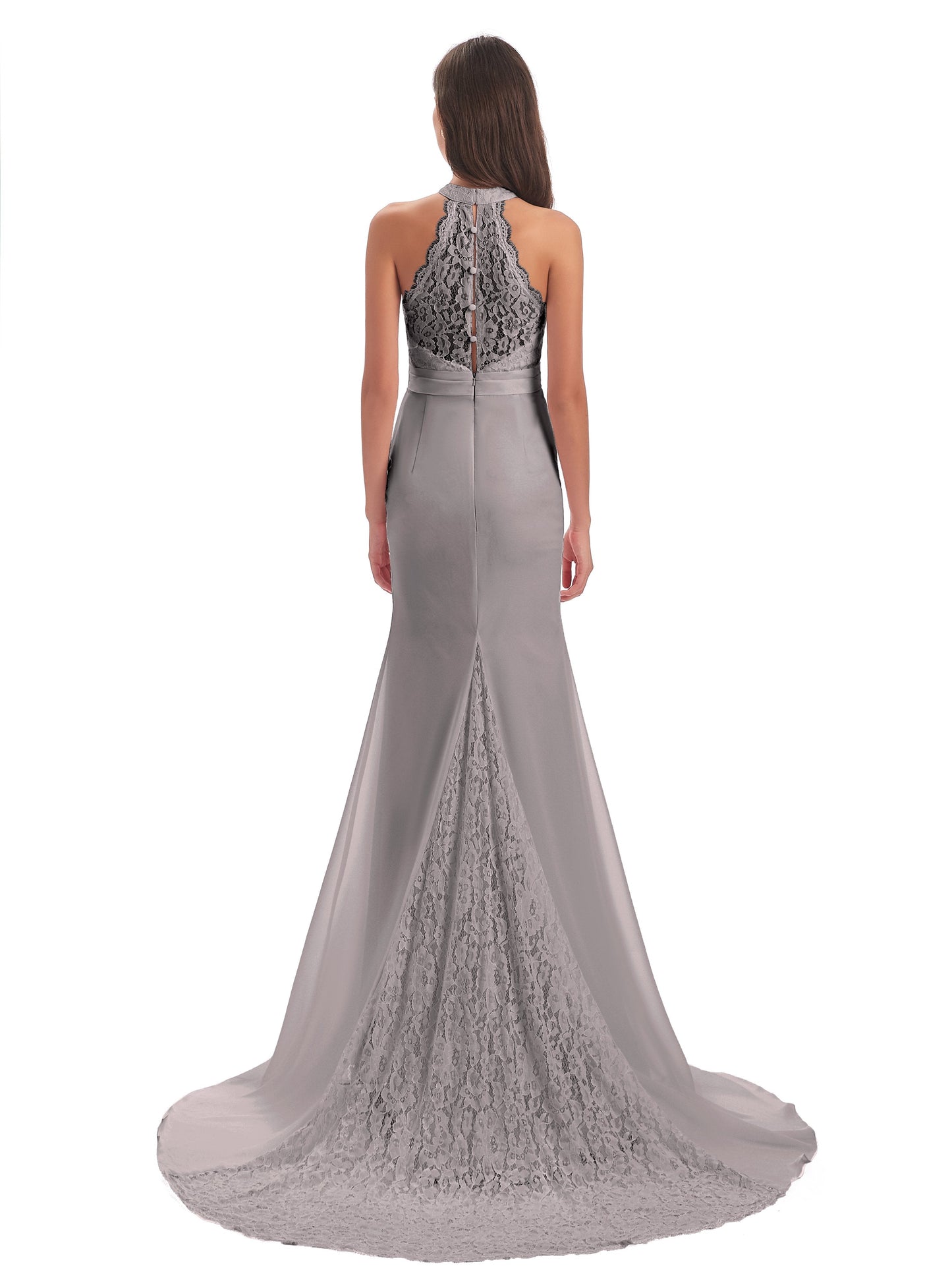 Jenny Court Train Halter Lace Bridesmaid Dresses
