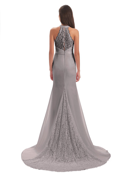 Jenny Court Train Halter Lace Bridesmaid Dresses