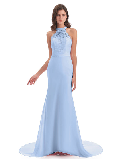 Jenny Court Train Halter Lace Bridesmaid Dresses