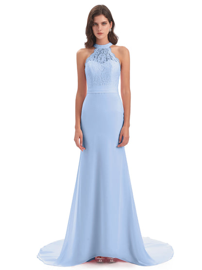 Jenny Court Train Halter Lace Bridesmaid Dresses