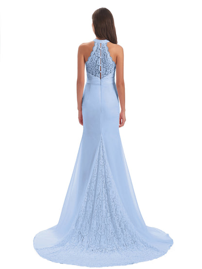 Jenny Court Train Halter Lace Bridesmaid Dresses