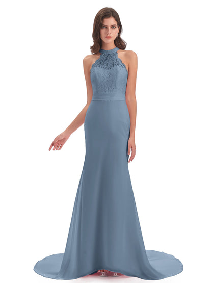 Jenny Court Train Halter Lace Bridesmaid Dresses