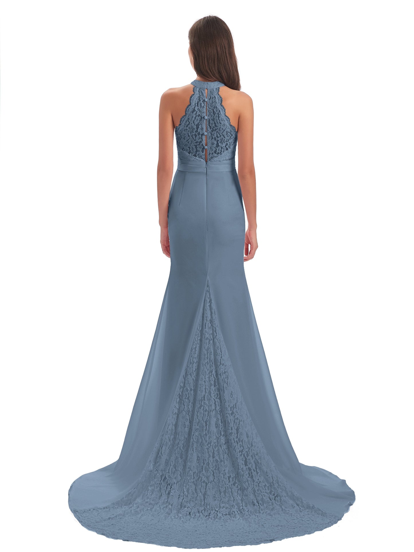 Jenny Court Train Halter Lace Bridesmaid Dresses