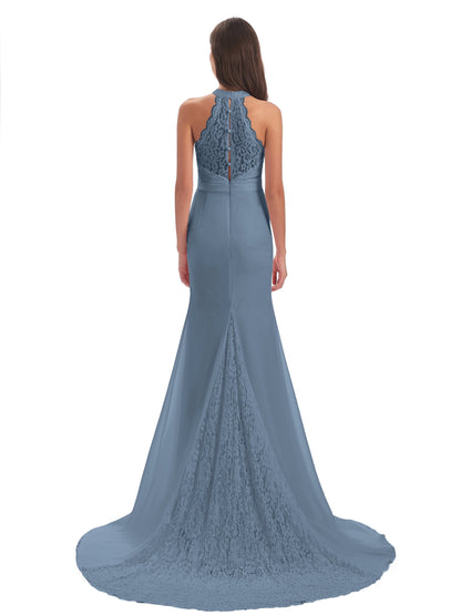 Jenny Court Train Halter Lace Bridesmaid Dresses