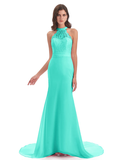 Jenny Court Train Halter Lace Bridesmaid Dresses