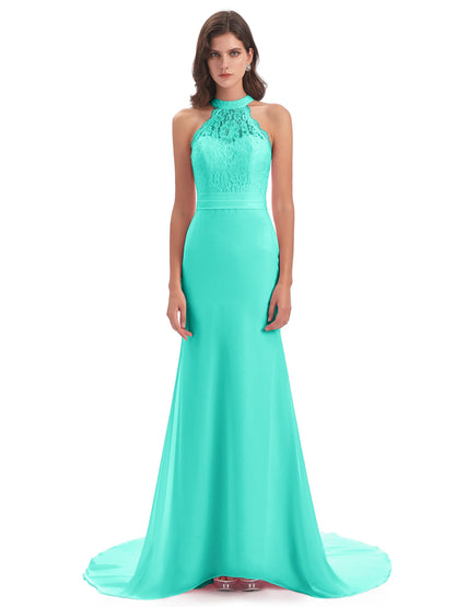 Jenny Court Train Halter Lace Bridesmaid Dresses