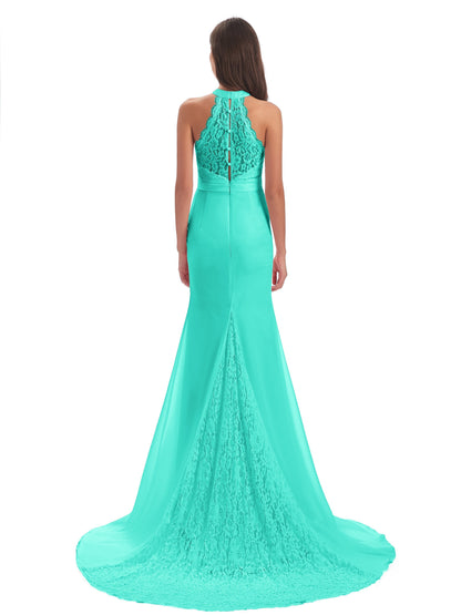 Jenny Court Train Halter Lace Bridesmaid Dresses