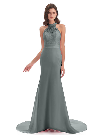 Jenny Court Train Halter Lace Bridesmaid Dresses