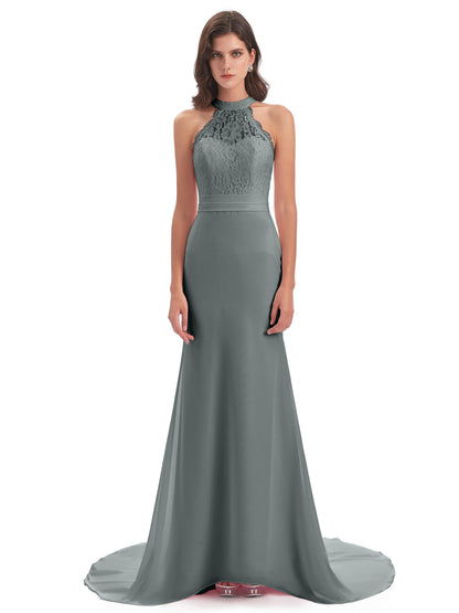 Jenny Court Train Halter Lace Bridesmaid Dresses