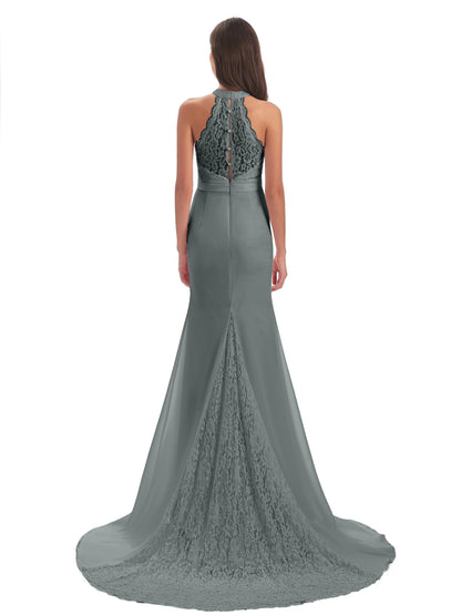 Jenny Court Train Halter Lace Bridesmaid Dresses