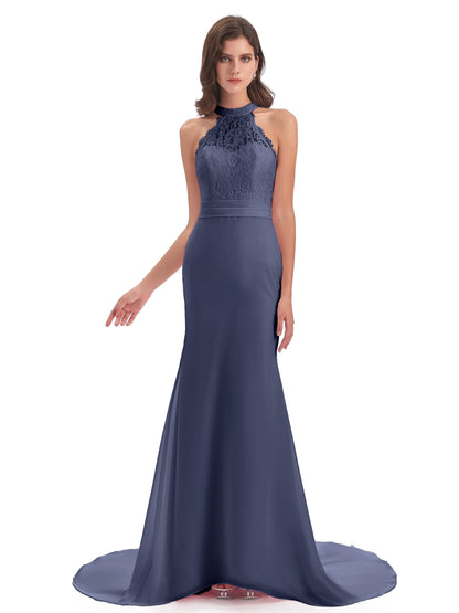 Jenny Court Train Halter Lace Bridesmaid Dresses