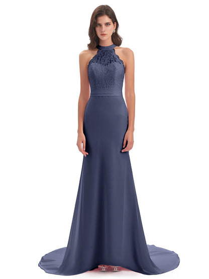 Jenny Court Train Halter Lace Bridesmaid Dresses