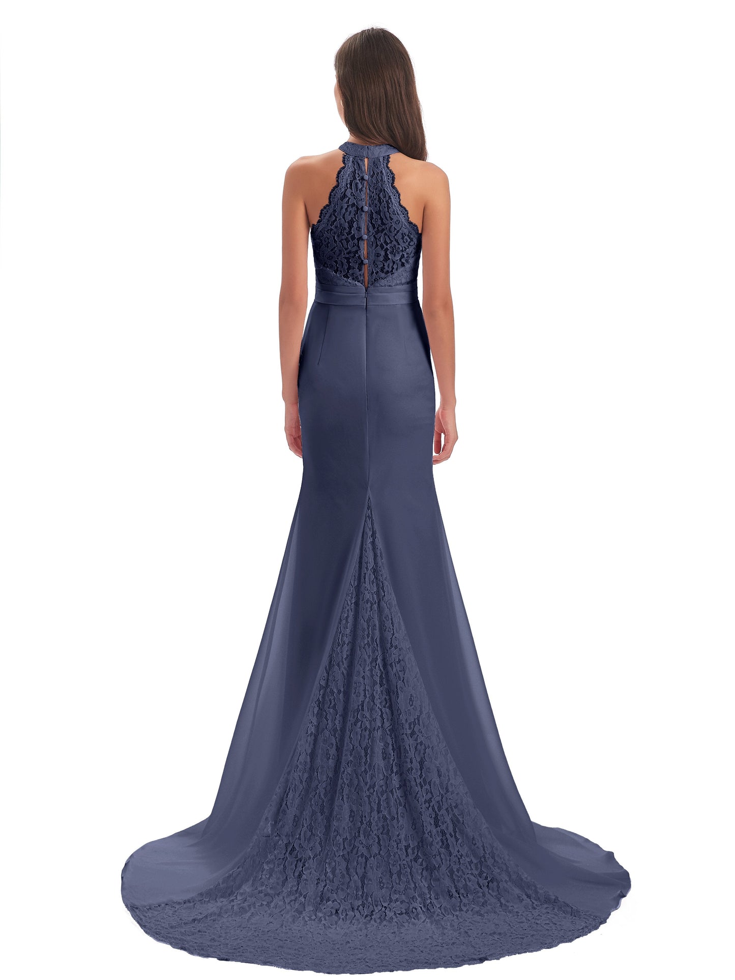 Jenny Court Train Halter Lace Bridesmaid Dresses
