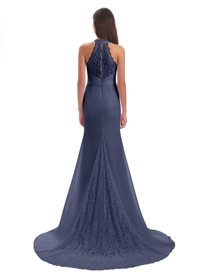 Jenny Court Train Halter Lace Bridesmaid Dresses