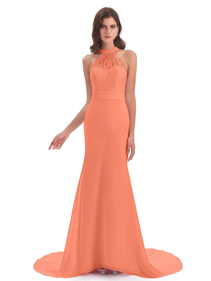 Jenny Court Train Halter Lace Bridesmaid Dresses