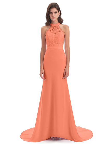 Jenny Court Train Halter Lace Bridesmaid Dresses