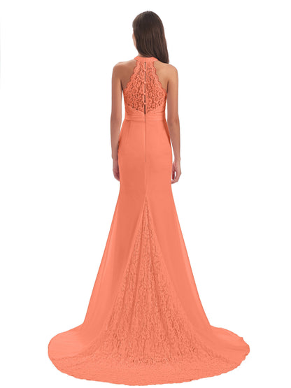 Jenny Court Train Halter Lace Bridesmaid Dresses