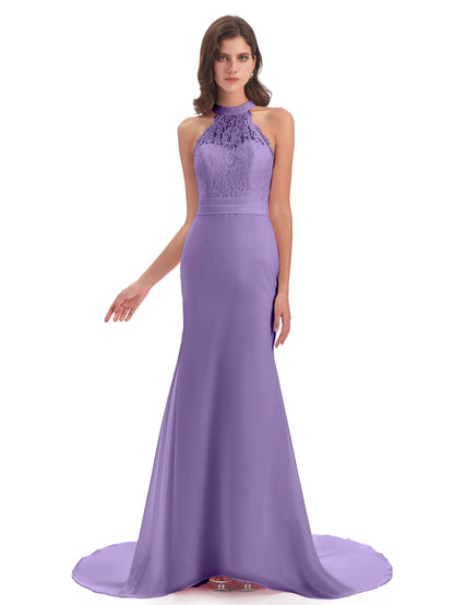 Jenny Court Train Halter Lace Bridesmaid Dresses