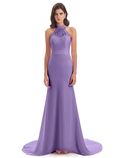 Jenny Court Train Halter Lace Bridesmaid Dresses