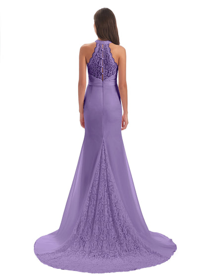 Jenny Court Train Halter Lace Bridesmaid Dresses