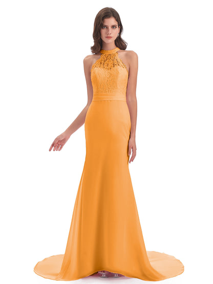 Jenny Court Train Halter Lace Bridesmaid Dresses