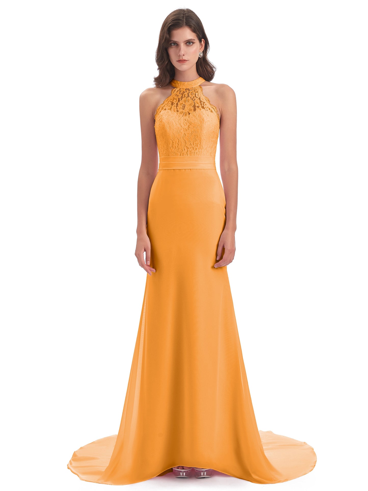 Jenny Court Train Halter Lace Bridesmaid Dresses