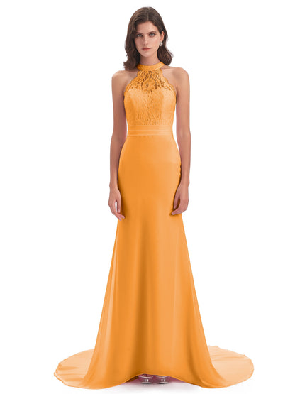 Jenny Court Train Halter Lace Bridesmaid Dresses