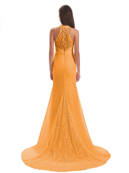 Jenny Court Train Halter Lace Bridesmaid Dresses