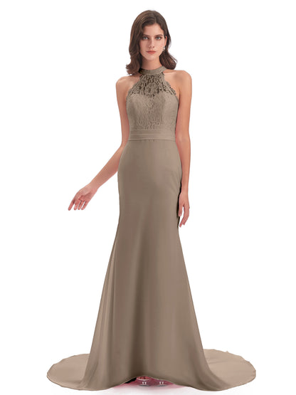 Jenny Court Train Halter Lace Bridesmaid Dresses