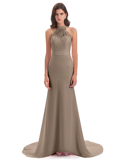 Jenny Court Train Halter Lace Bridesmaid Dresses