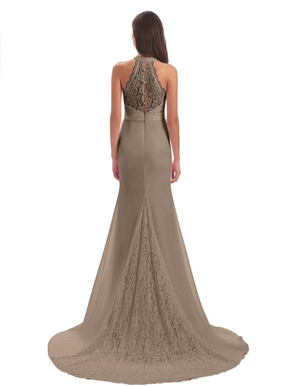 Jenny Court Train Halter Lace Bridesmaid Dresses