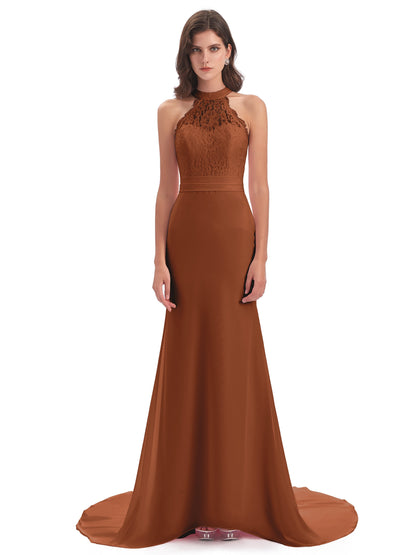 Jenny Court Train Halter Lace Bridesmaid Dresses