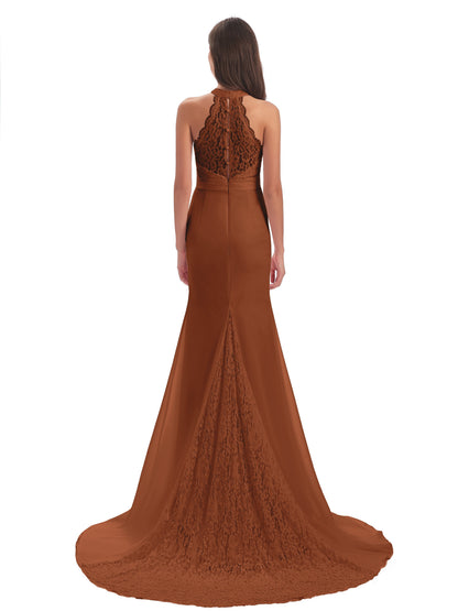 Jenny Court Train Halter Lace Bridesmaid Dresses