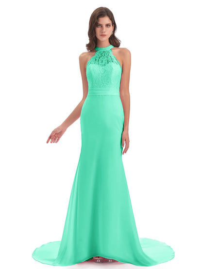 Jenny Court Train Halter Lace Bridesmaid Dresses