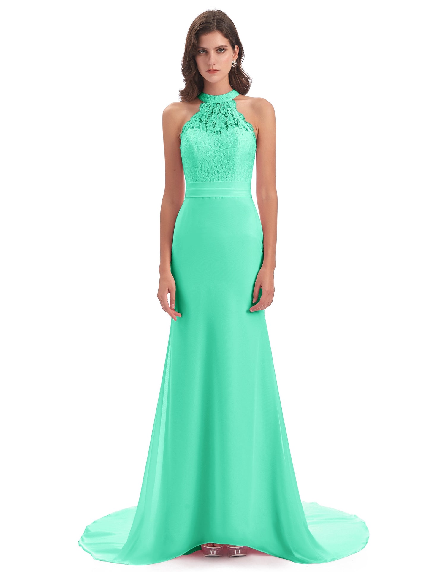 Jenny Court Train Halter Lace Bridesmaid Dresses