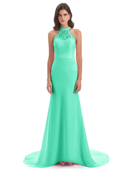 Jenny Court Train Halter Lace Bridesmaid Dresses
