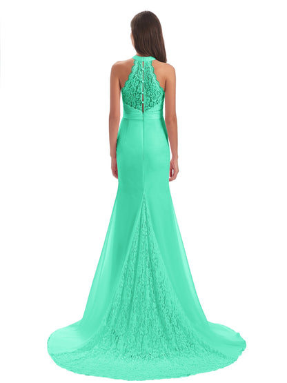 Jenny Court Train Halter Lace Bridesmaid Dresses