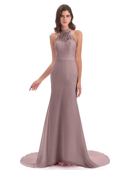 Jenny Court Train Halter Lace Bridesmaid Dresses